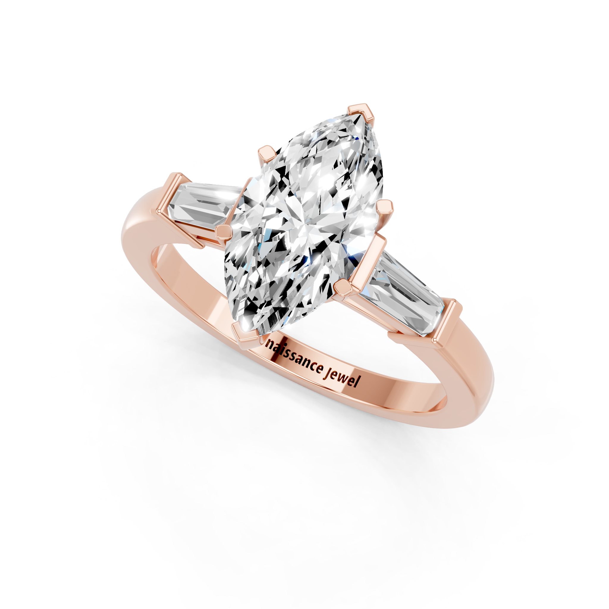 Rose gold Marquise Cut Diamond Solitaire Ring with Tapered Baguette Accents and Four-Prong Setting_6