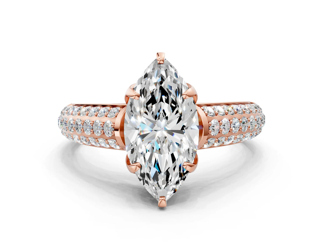 Rose gold Marquise Cut Diamond Solitaire Ring with Three-Row Pavé Band and Four-Prong Setting_34