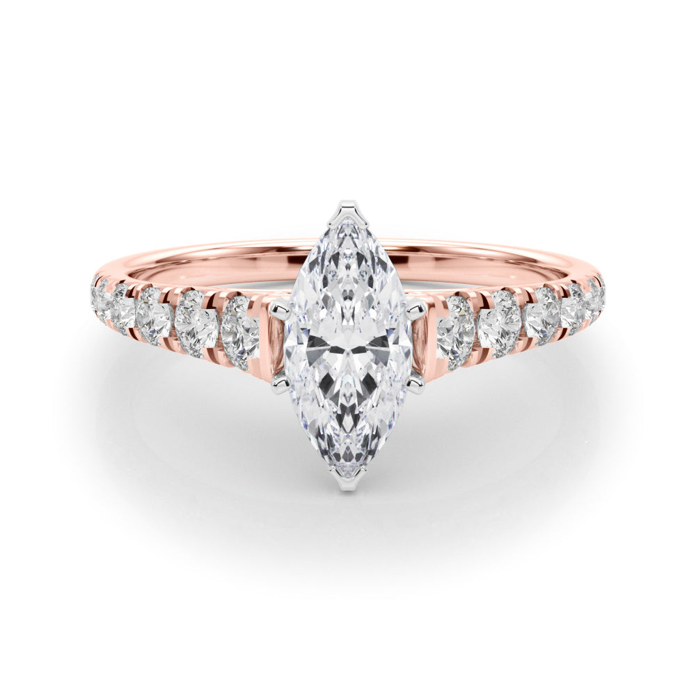Rose gold Marquise Cut Diamond Solitaire with Pave Band and Four-Prong Setting 1