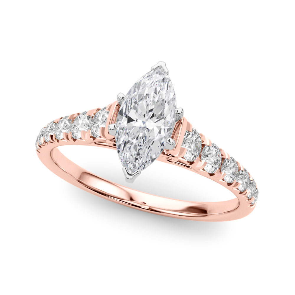 Rose gold Marquise Cut Diamond Solitaire with Pave Band and Four-Prong Setting