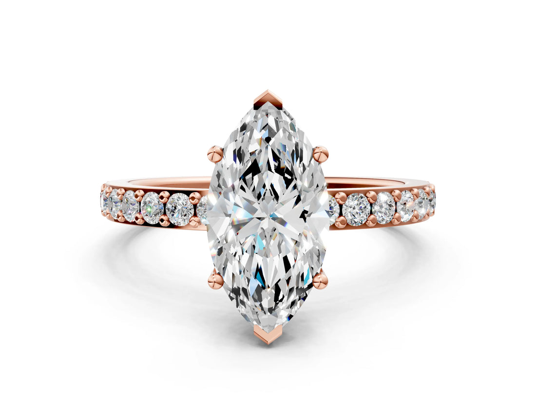 Rose gold Marquise Cut Diamond Solitaire with Pave Band and Four-Prong Setting