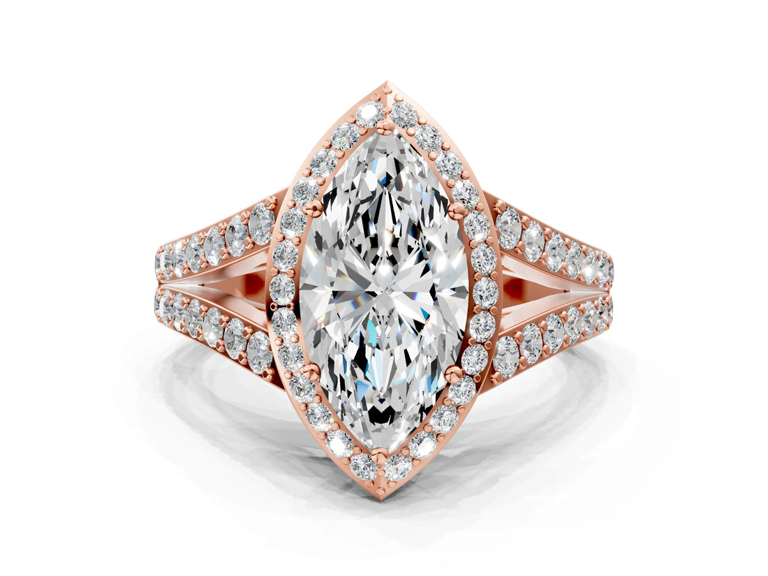 Rose gold Marquise Cut Diamond Split Shank Halo Ring with Four-Prong Setting_58