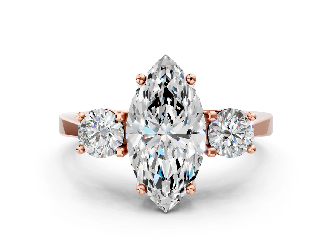 Rose gold Marquise Cut Diamond Three-Stone Engagement Ring with Prong Setting and Pavé Band_3
