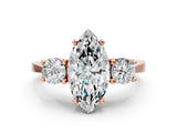 Rose gold Marquise Cut Diamond Three-Stone Engagement Ring with Prong Setting and Pavé Band_3