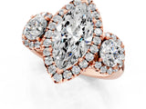 Rose gold Marquise Cut Diamond Three-Stone Halo Ring with Prong Setting and Pavé Accents_10