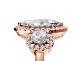 Rose gold Marquise Cut Diamond Three-Stone Halo Ring with Prong Setting and Pavé Accents_14
