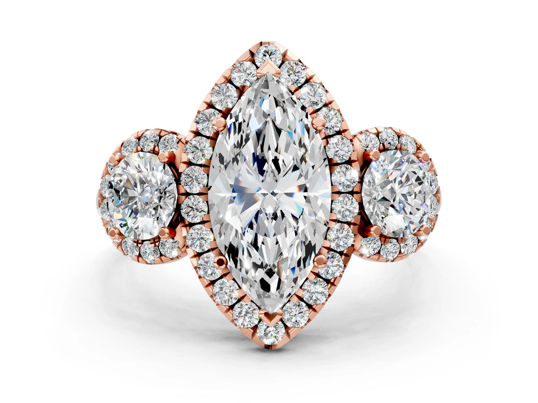 Rose gold Marquise Cut Diamond Three-Stone Halo Ring with Prong Setting and Pavé Accents_9