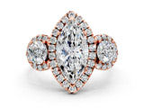 Rose gold Marquise Cut Diamond Three-Stone Halo Ring with Prong Setting and Pavé Accents_9