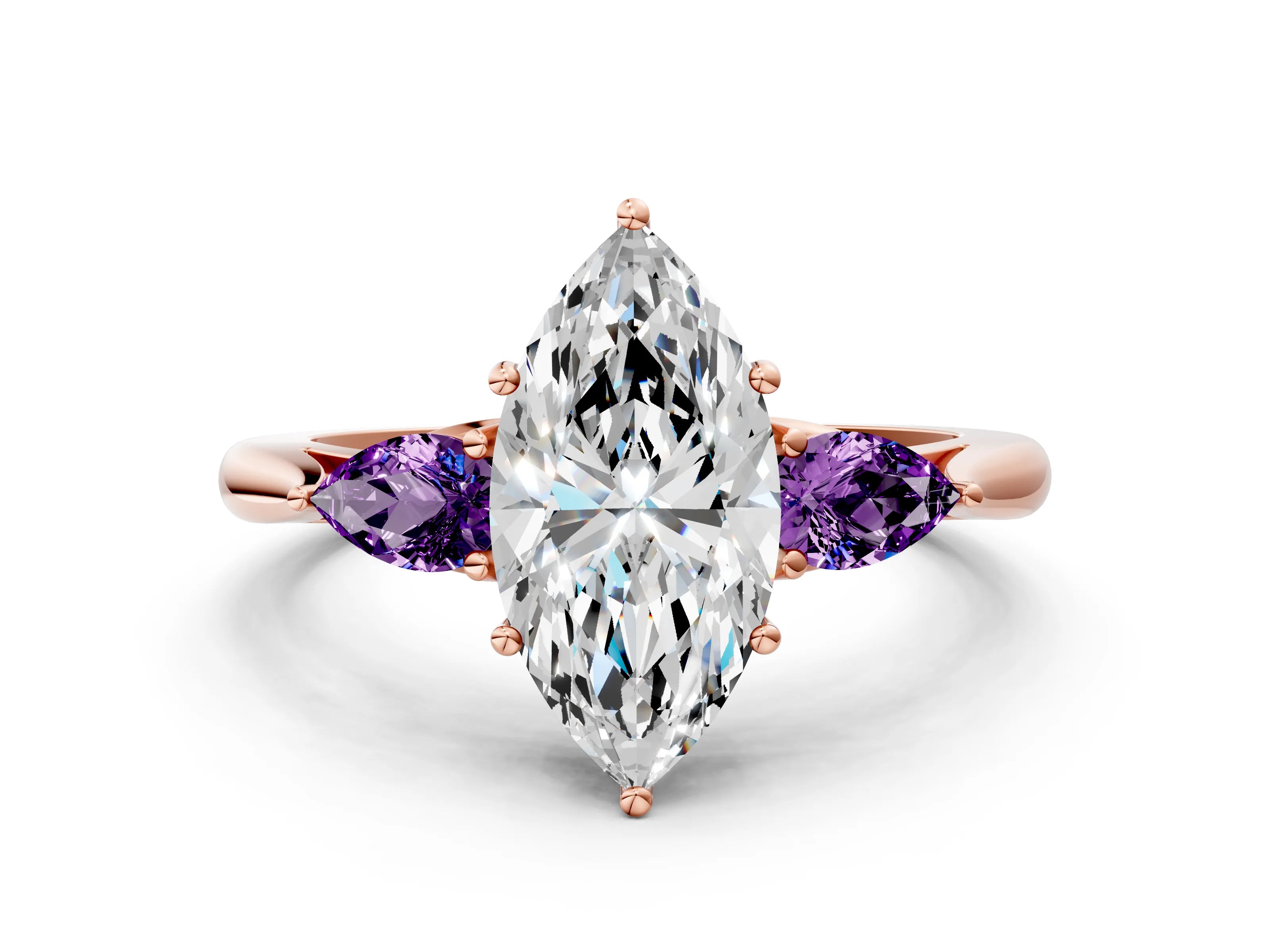 Rose gold Marquise Cut Diamond Three-Stone Ring with Pear with Amethyst side stone Side Stones and Prong Setting
