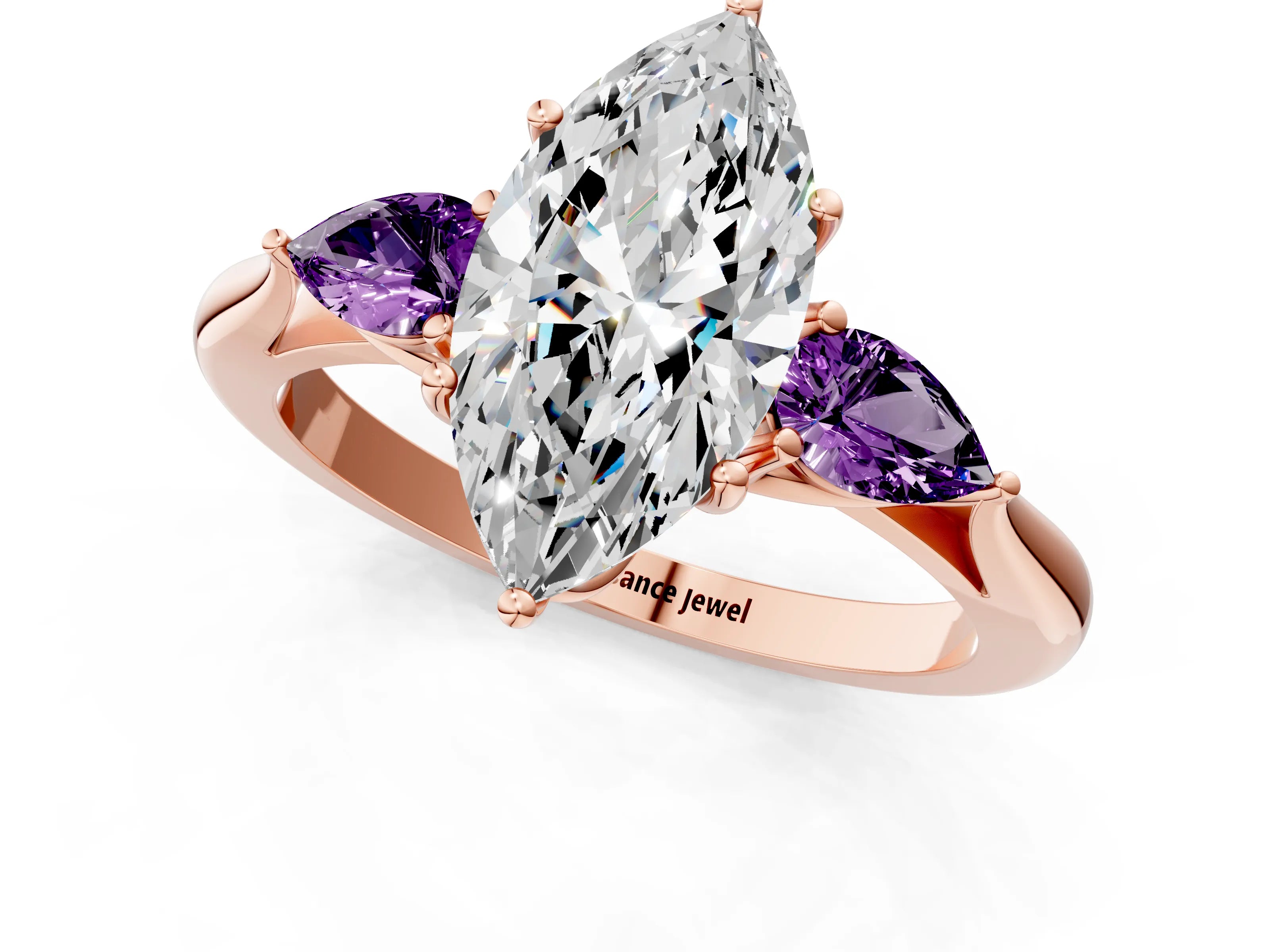 Rose gold Marquise Cut Diamond Three-Stone Ring with Pear with Amethyst side stone Side Stones and Prong Setting_1