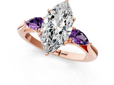 Rose gold Marquise Cut Diamond Three-Stone Ring with Pear with Amethyst side stone Side Stones and Prong Setting_1