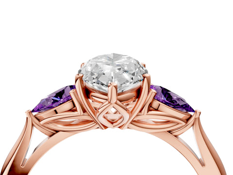 Rose gold Marquise Cut Diamond Three-Stone Ring with Pear with Amethyst side stone Side Stones and Prong Setting_4