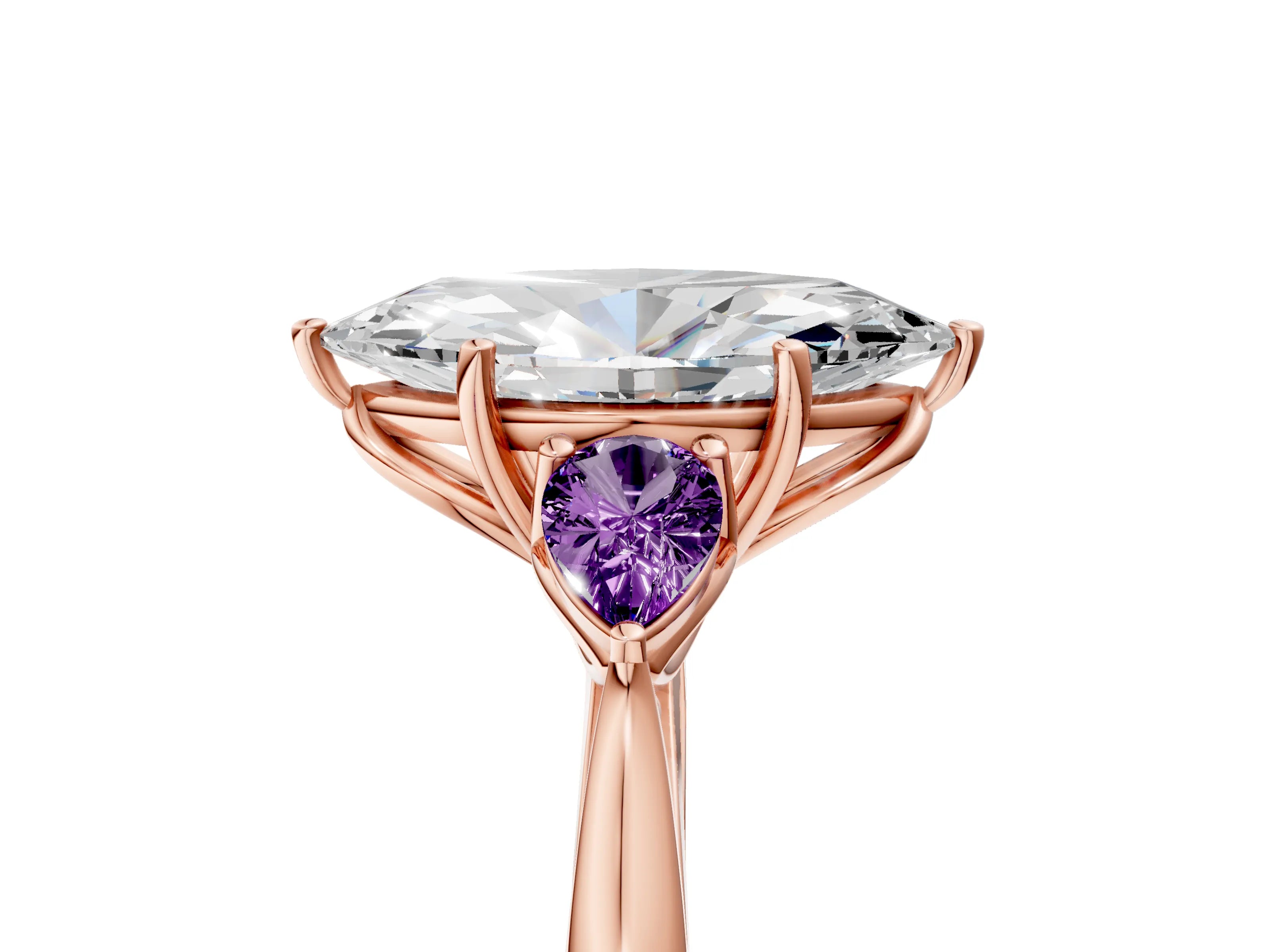 Rose gold Marquise Cut Diamond Three-Stone Ring with Pear with Amethyst side stone Side Stones and Prong Setting_5