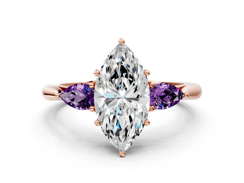 Rose gold Marquise Cut Diamond Three-Stone Ring with Pear with Amethyst side stone Side Stones and Prong Setting