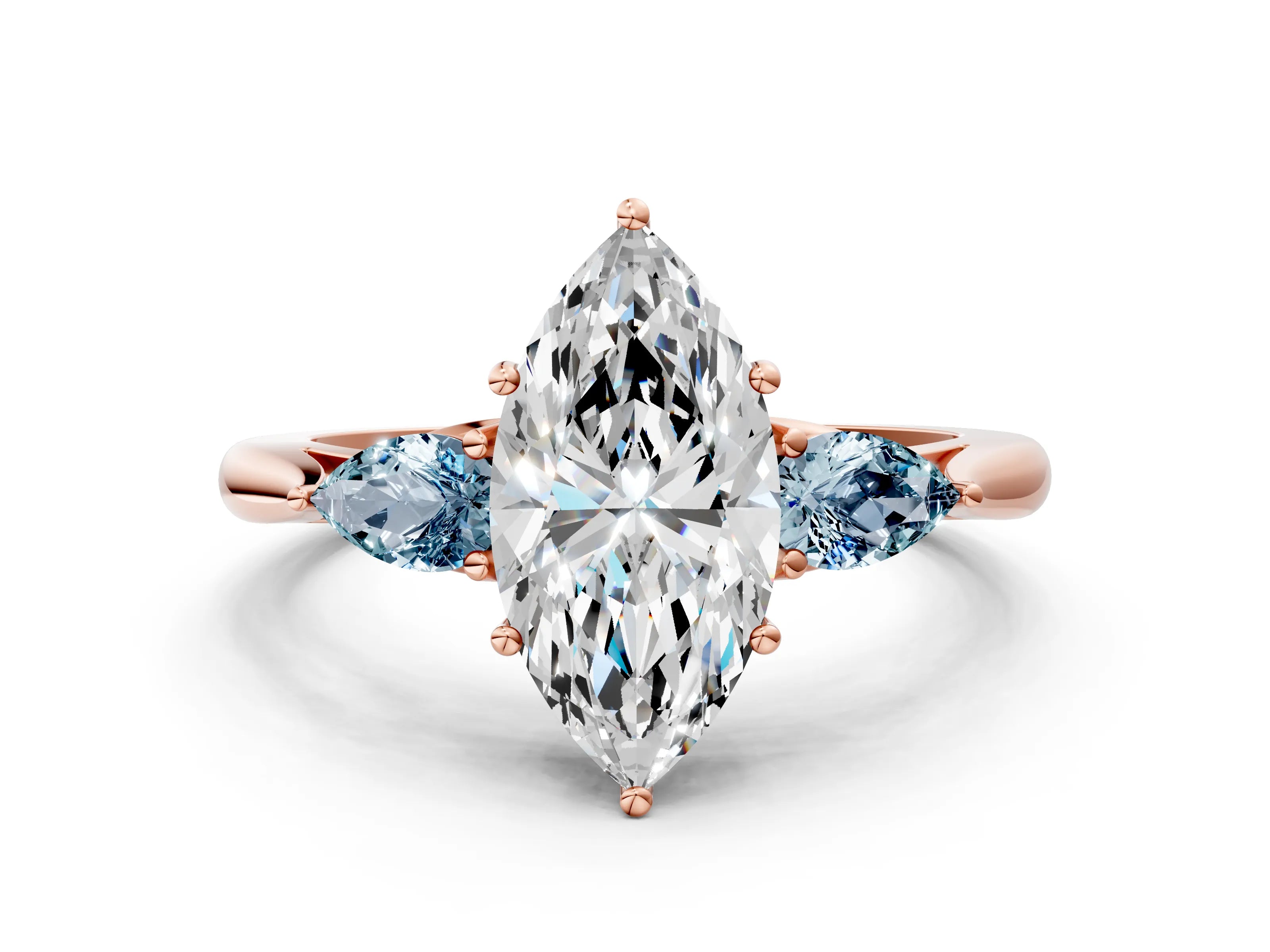 Rose gold Marquise Cut Diamond Three-Stone Ring with Pear with Aquamarine side stone Side Stones and Prong Setting