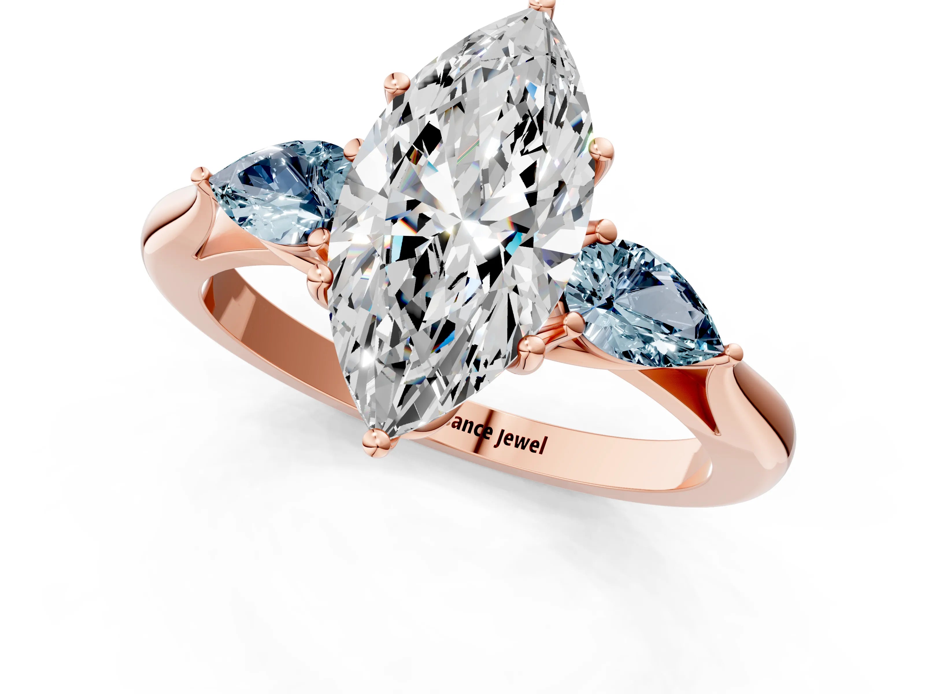 Rose gold Marquise Cut Diamond Three-Stone Ring with Pear with Aquamarine side stone Side Stones and Prong Setting_1