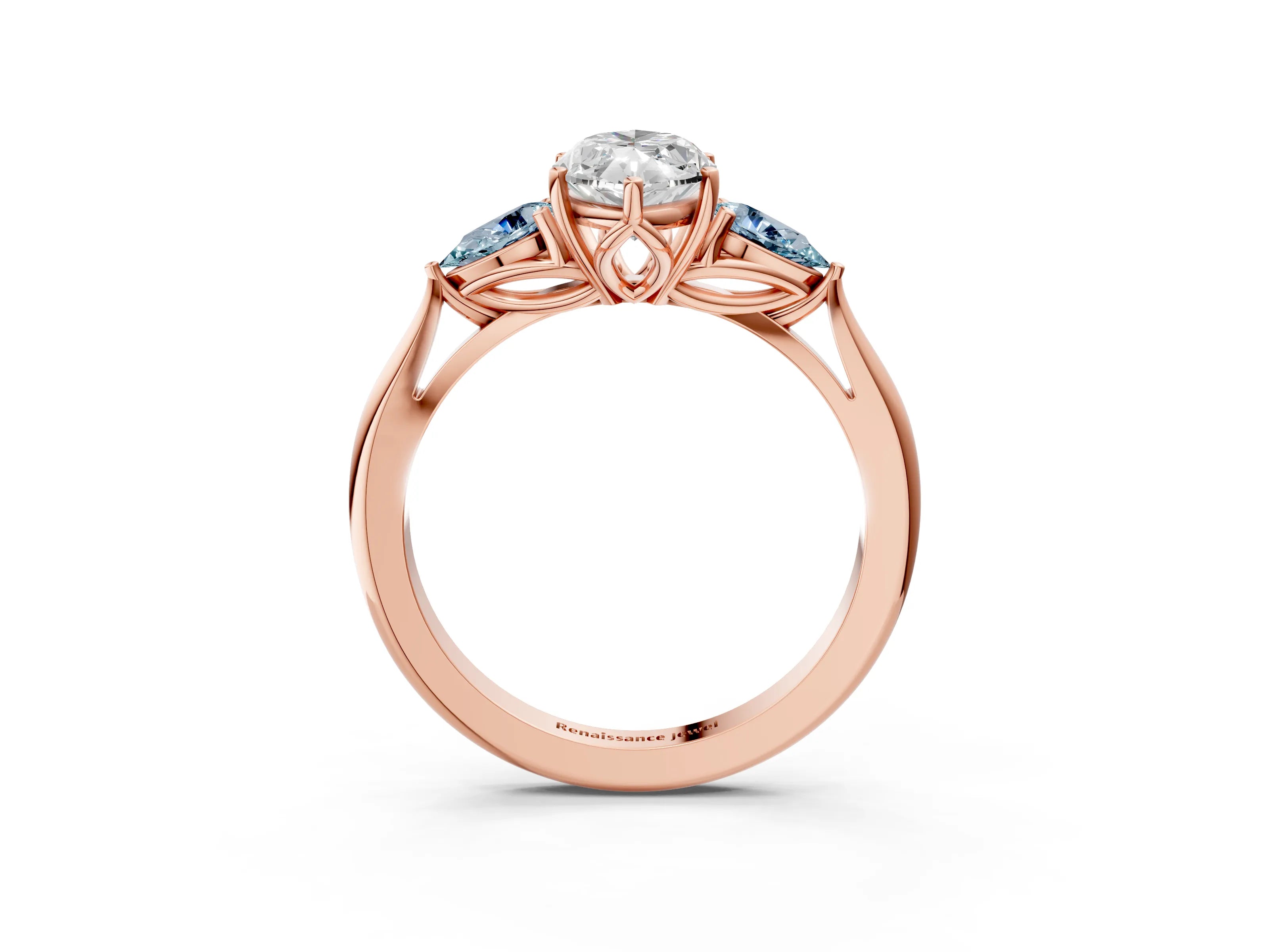 Rose gold Marquise Cut Diamond Three-Stone Ring with Pear with Aquamarine side stone Side Stones and Prong Setting_3