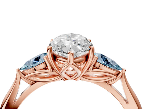 Rose gold Marquise Cut Diamond Three-Stone Ring with Pear with Aquamarine side stone Side Stones and Prong Setting_4