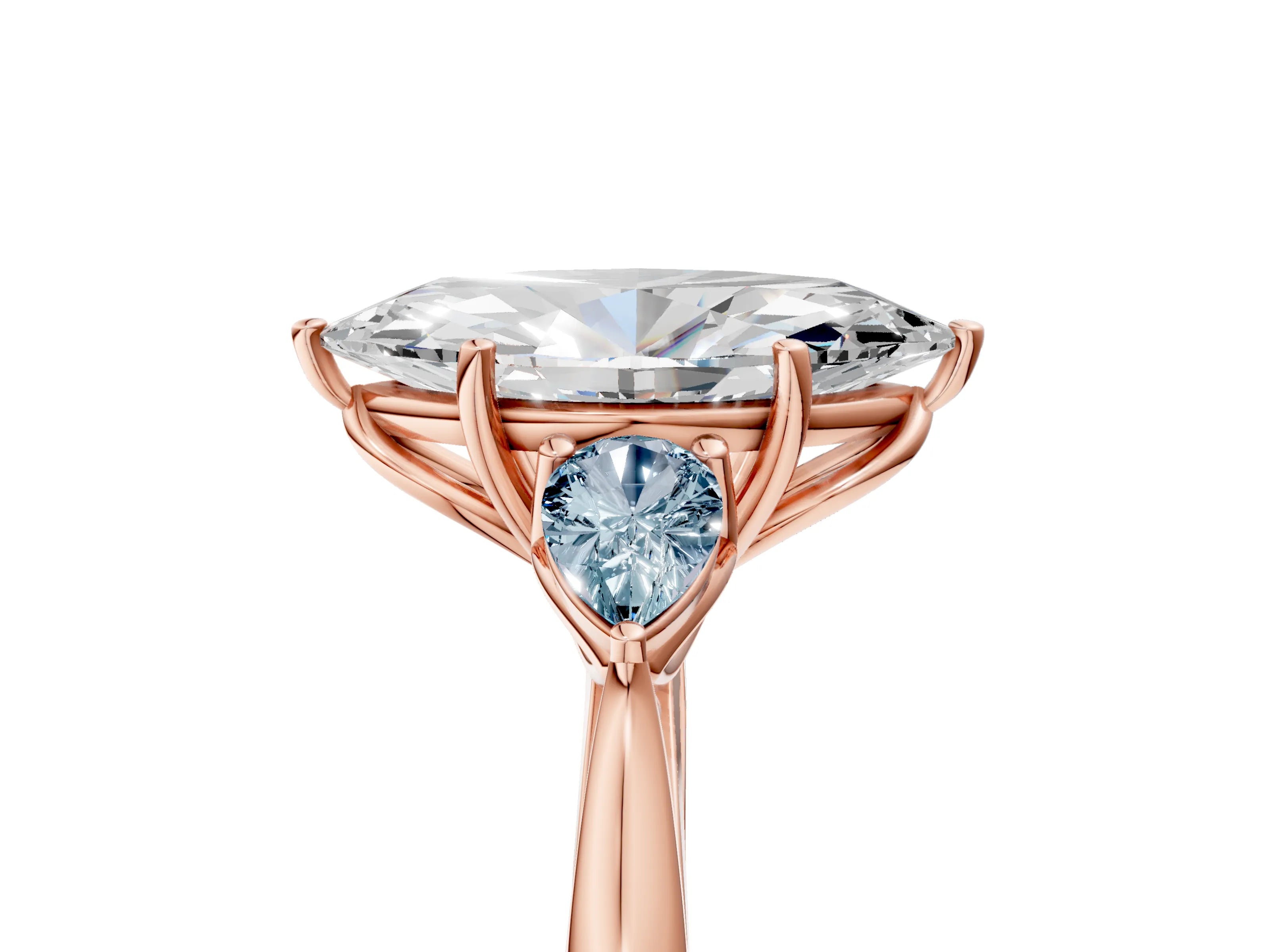 Rose gold Marquise Cut Diamond Three-Stone Ring with Pear with Aquamarine side stone Side Stones and Prong Setting_5