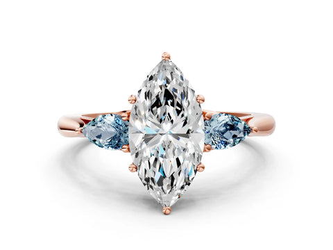 Rose gold Marquise Cut Diamond Three-Stone Ring with Pear with Aquamarine side stone Side Stones and Prong Setting