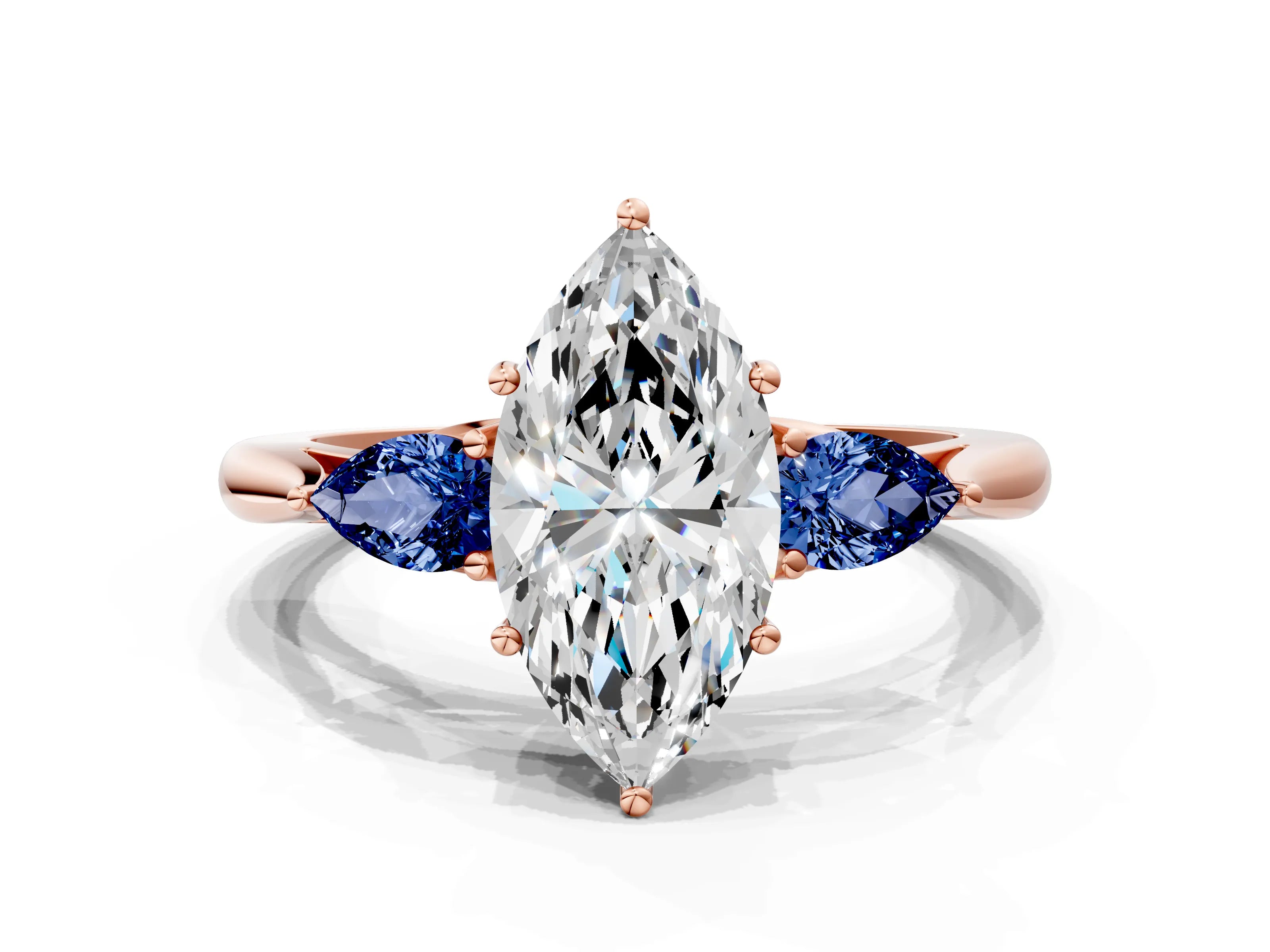 Rose gold Marquise Cut Diamond Three-Stone Ring with Pear with Blue Sapphire side stone Side Stones and Prong Setting