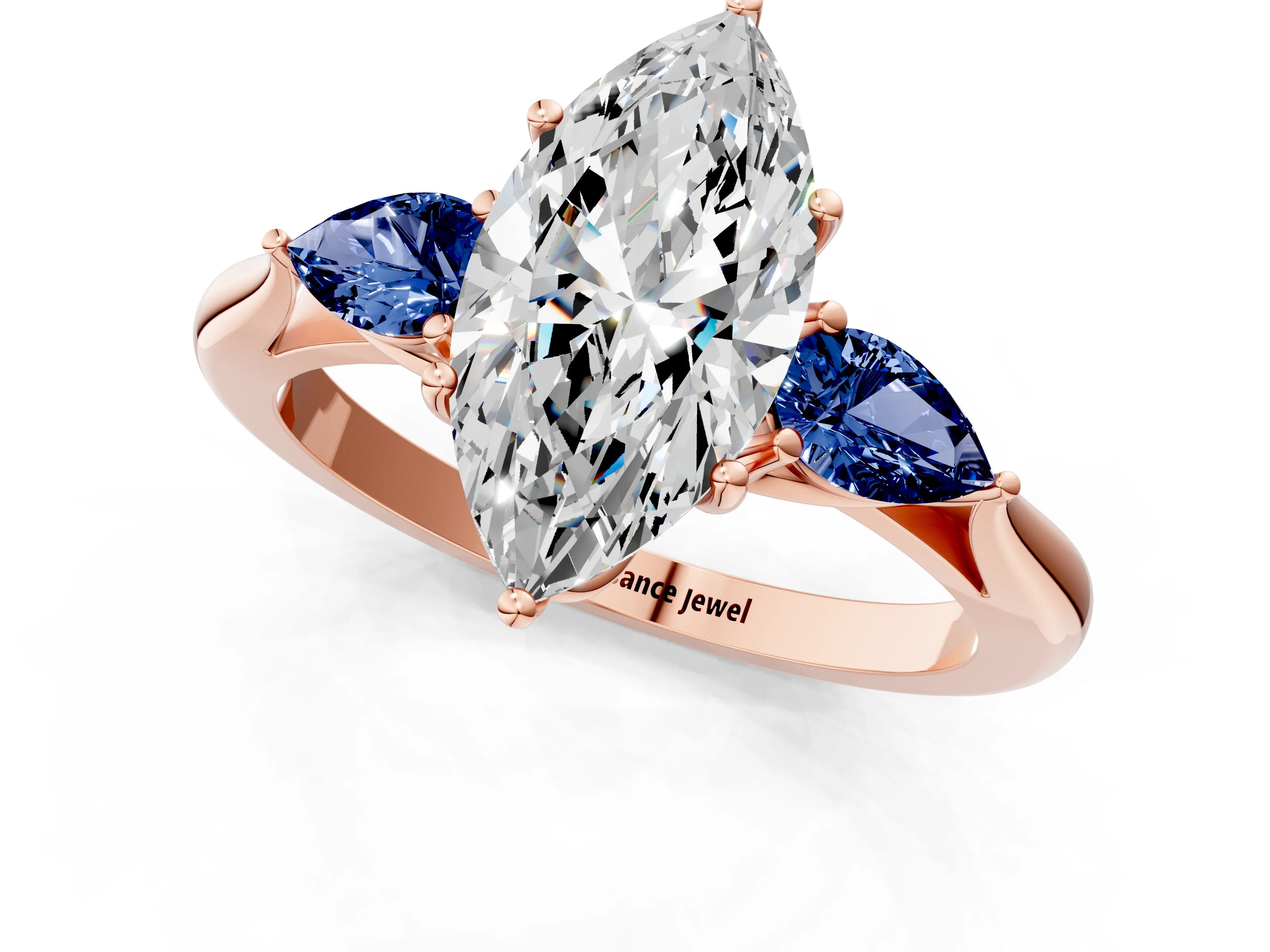 Rose gold Marquise Cut Diamond Three-Stone Ring with Pear with Blue Sapphire side stone Side Stones and Prong Setting_1