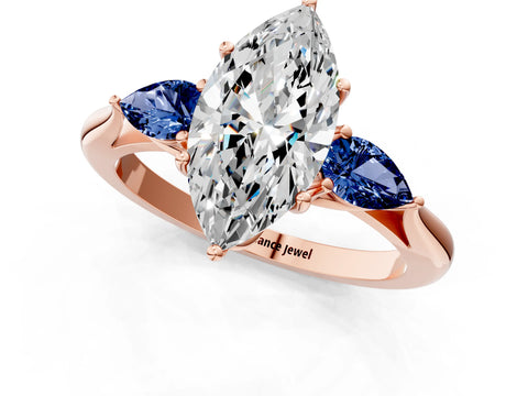 Rose gold Marquise Cut Diamond Three-Stone Ring with Pear with Blue Sapphire side stone Side Stones and Prong Setting_1