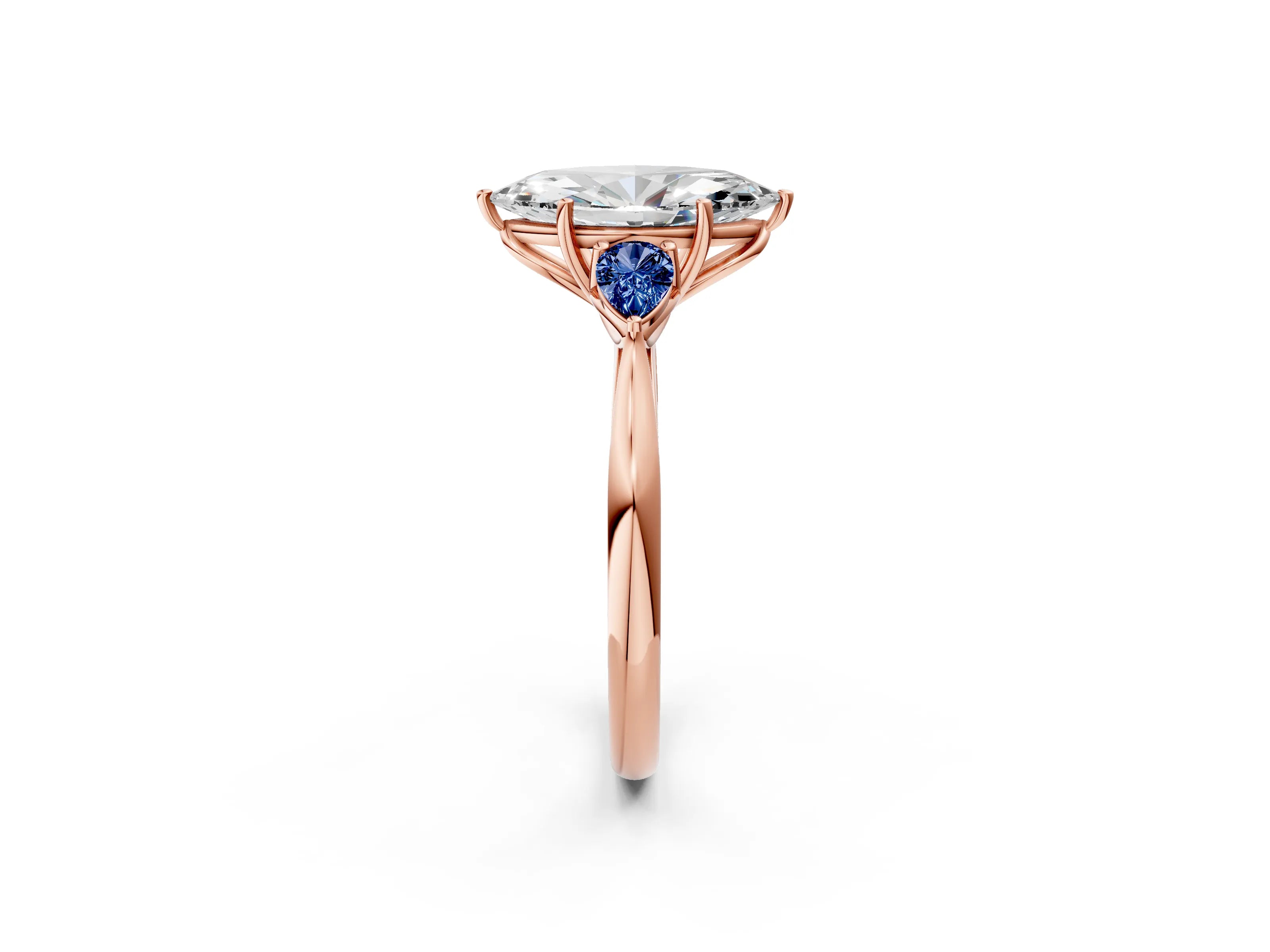Rose gold Marquise Cut Diamond Three-Stone Ring with Pear with Blue Sapphire side stone Side Stones and Prong Setting_2