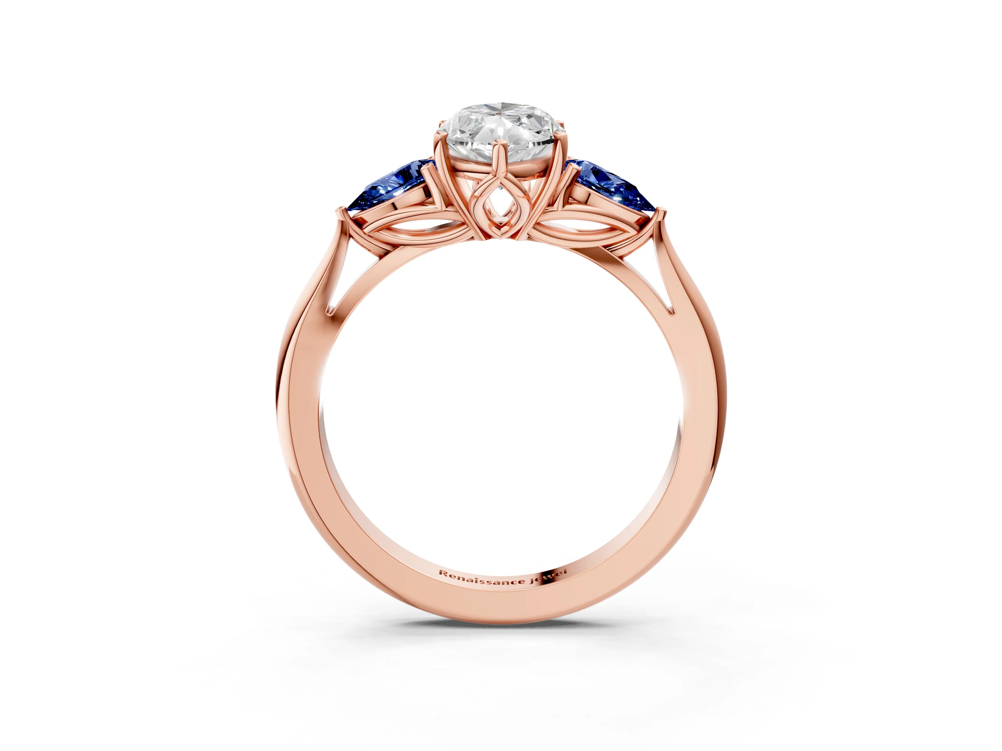 Rose gold Marquise Cut Diamond Three-Stone Ring with Pear with Blue Sapphire side stone Side Stones and Prong Setting_3