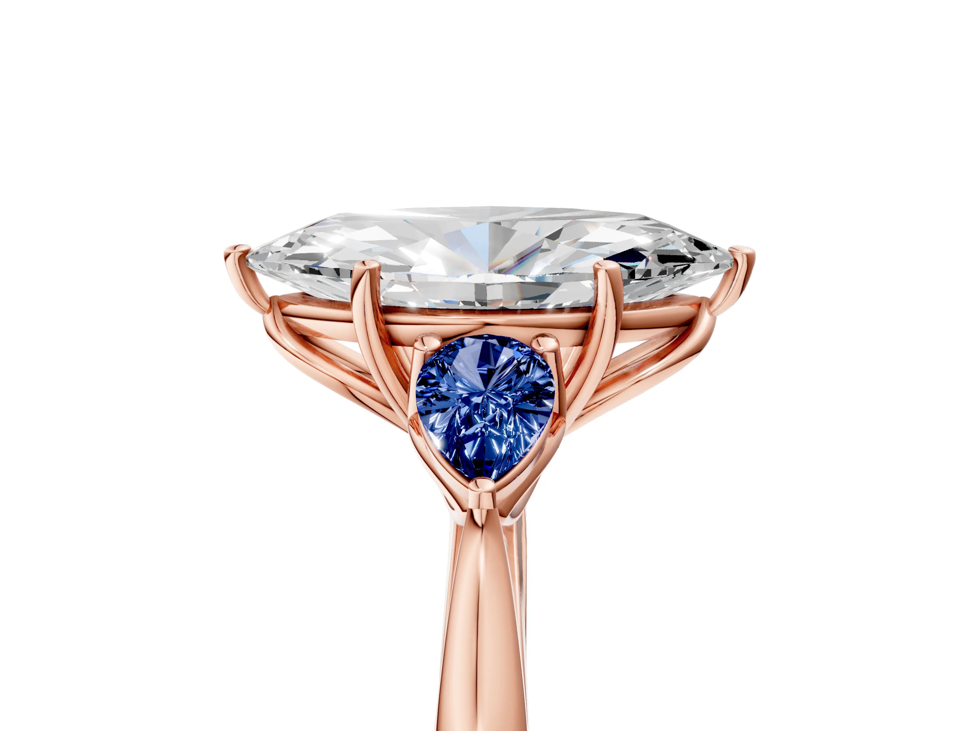 Rose gold Marquise Cut Diamond Three-Stone Ring with Pear with Blue Sapphire side stone Side Stones and Prong Setting_5