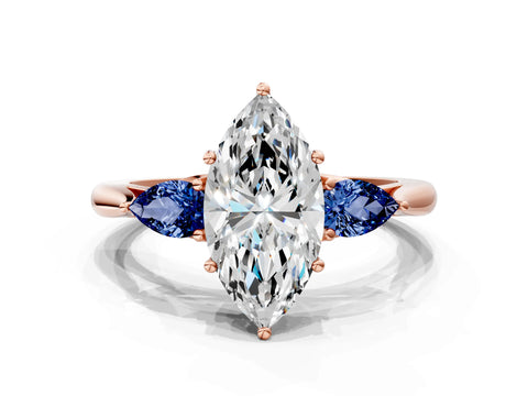 Rose gold Marquise Cut Diamond Three-Stone Ring with Pear with Blue Sapphire side stone Side Stones and Prong Setting