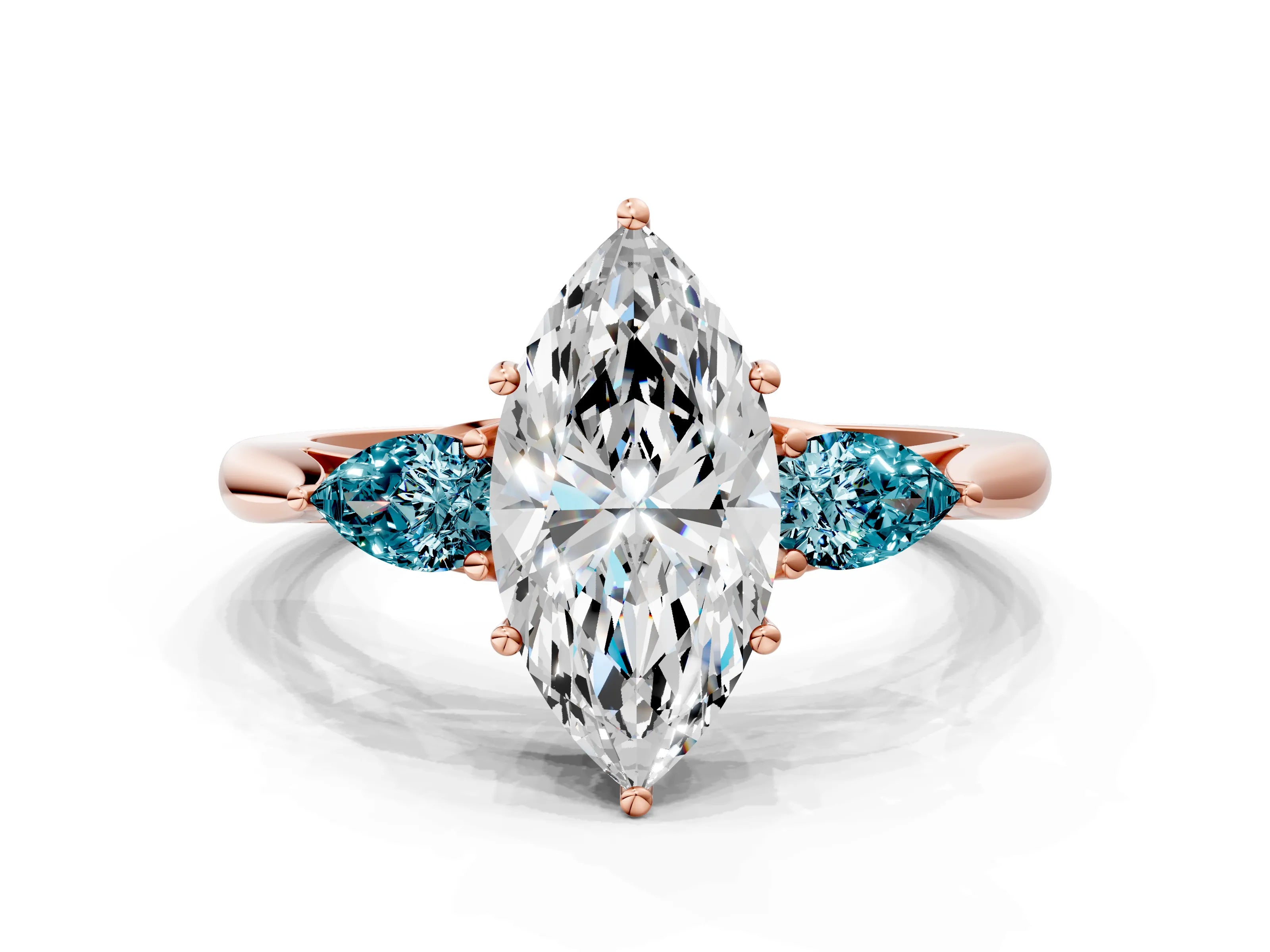 Rose gold Marquise Cut Diamond Three-Stone Ring with Pear with Blue Topaz side stone Side Stones and Prong Setting