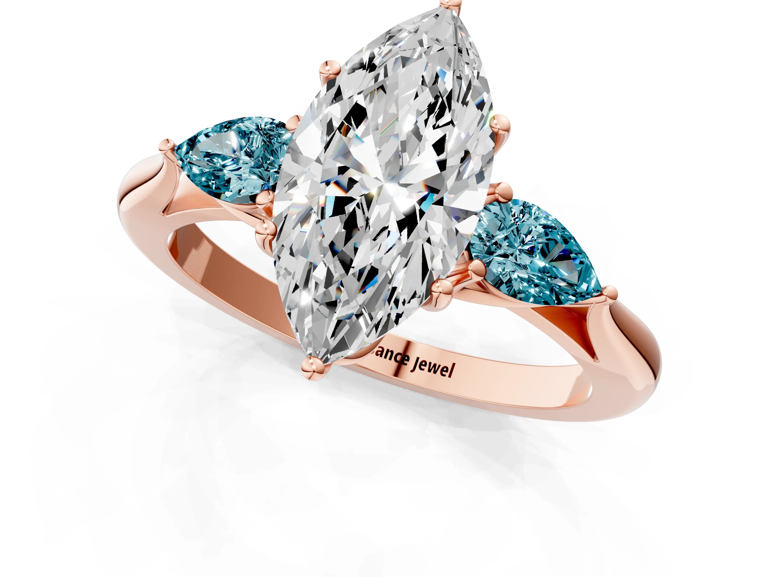 Rose gold Marquise Cut Diamond Three-Stone Ring with Pear with Blue Topaz side stone Side Stones and Prong Setting_1