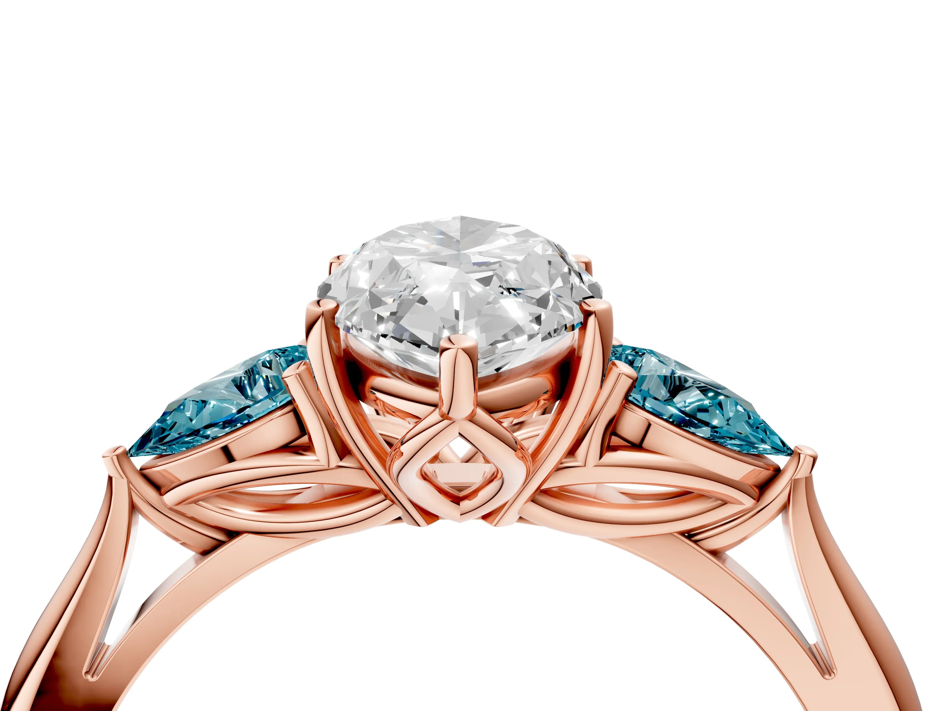 Rose gold Marquise Cut Diamond Three-Stone Ring with Pear with Blue Topaz side stone Side Stones and Prong Setting_4