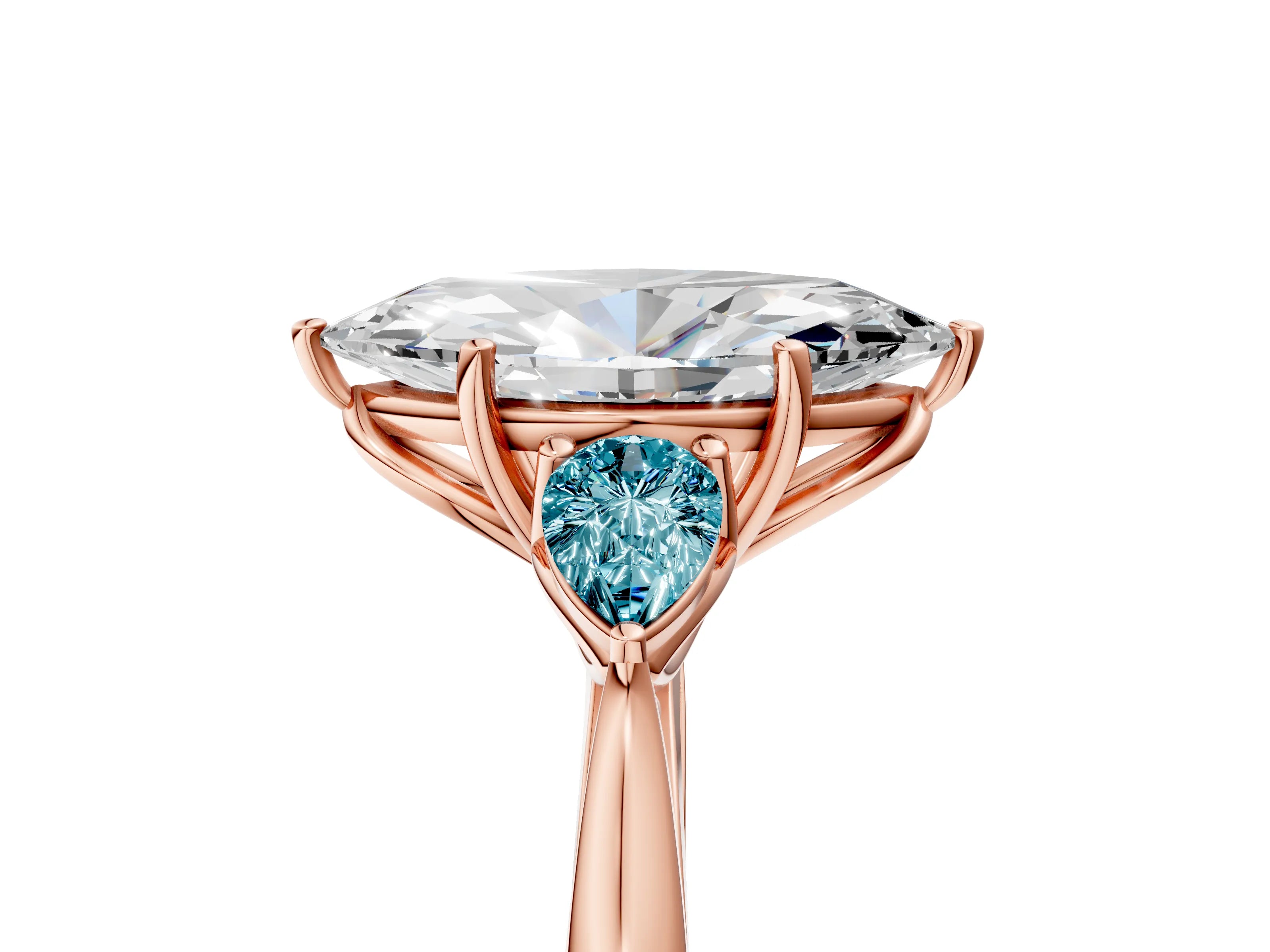 Rose gold Marquise Cut Diamond Three-Stone Ring with Pear with Blue Topaz side stone Side Stones and Prong Setting_5