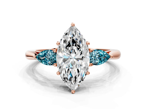 Rose gold Marquise Cut Diamond Three-Stone Ring with Pear with Blue Topaz side stone Side Stones and Prong Setting