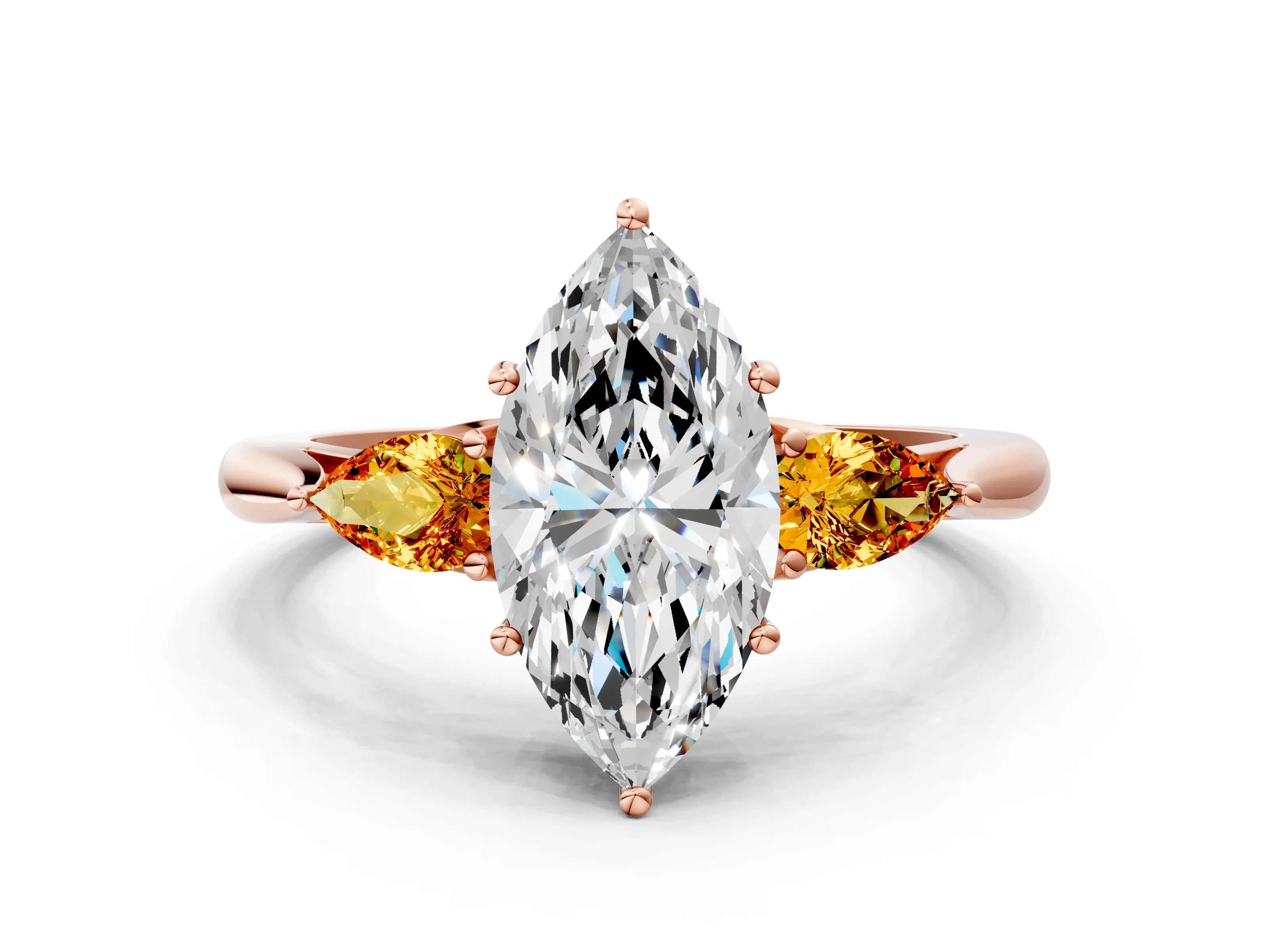 Rose gold Marquise Cut Diamond Three-Stone Ring with Pear with Citrine side stone Side Stones and Prong Setting
