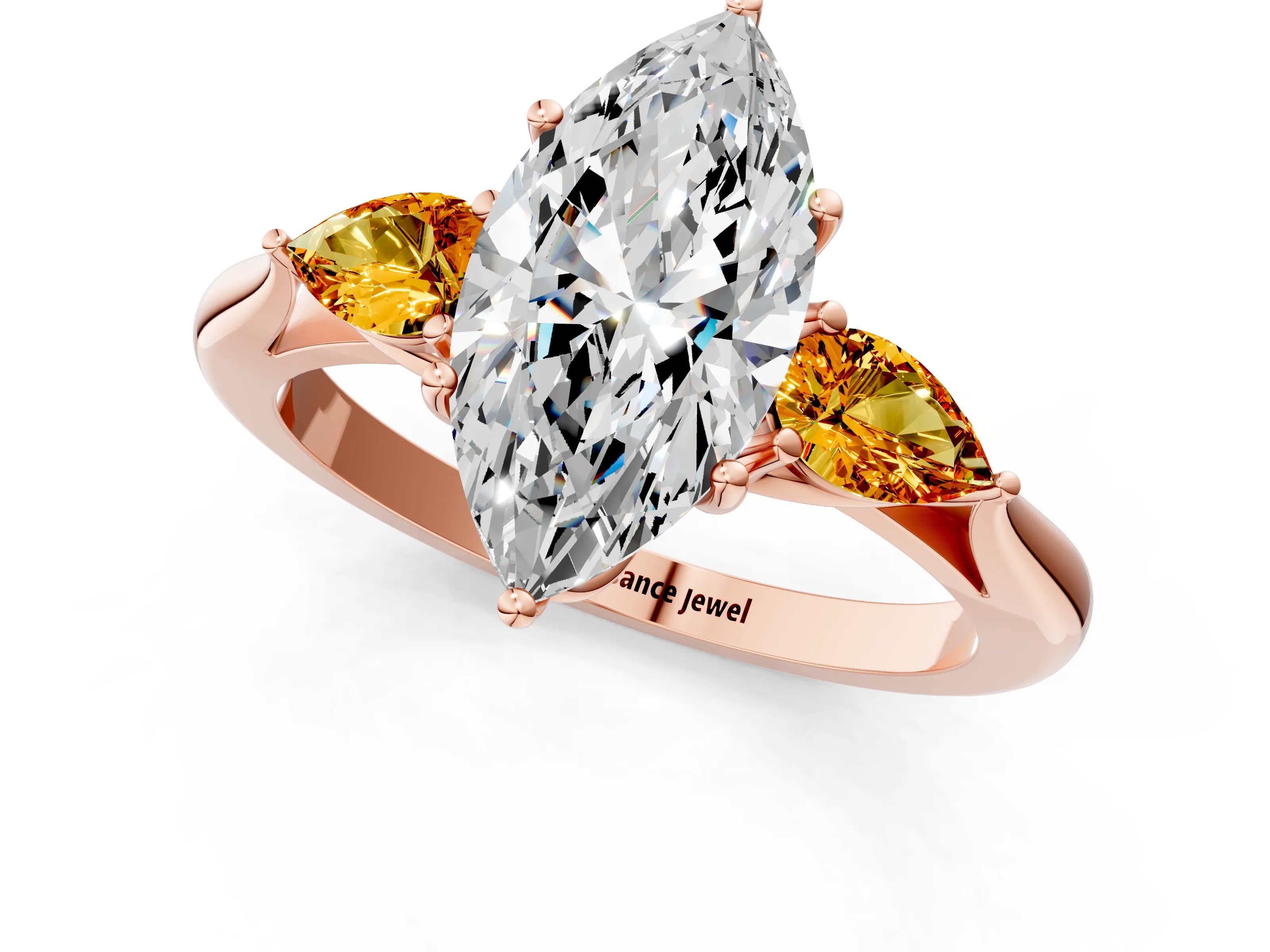Rose gold Marquise Cut Diamond Three-Stone Ring with Pear with Citrine side stone Side Stones and Prong Setting_1