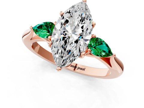 Rose gold Marquise Cut Diamond Three-Stone Ring with Pear with Emerald side stone Side Stones and Prong Setting_1