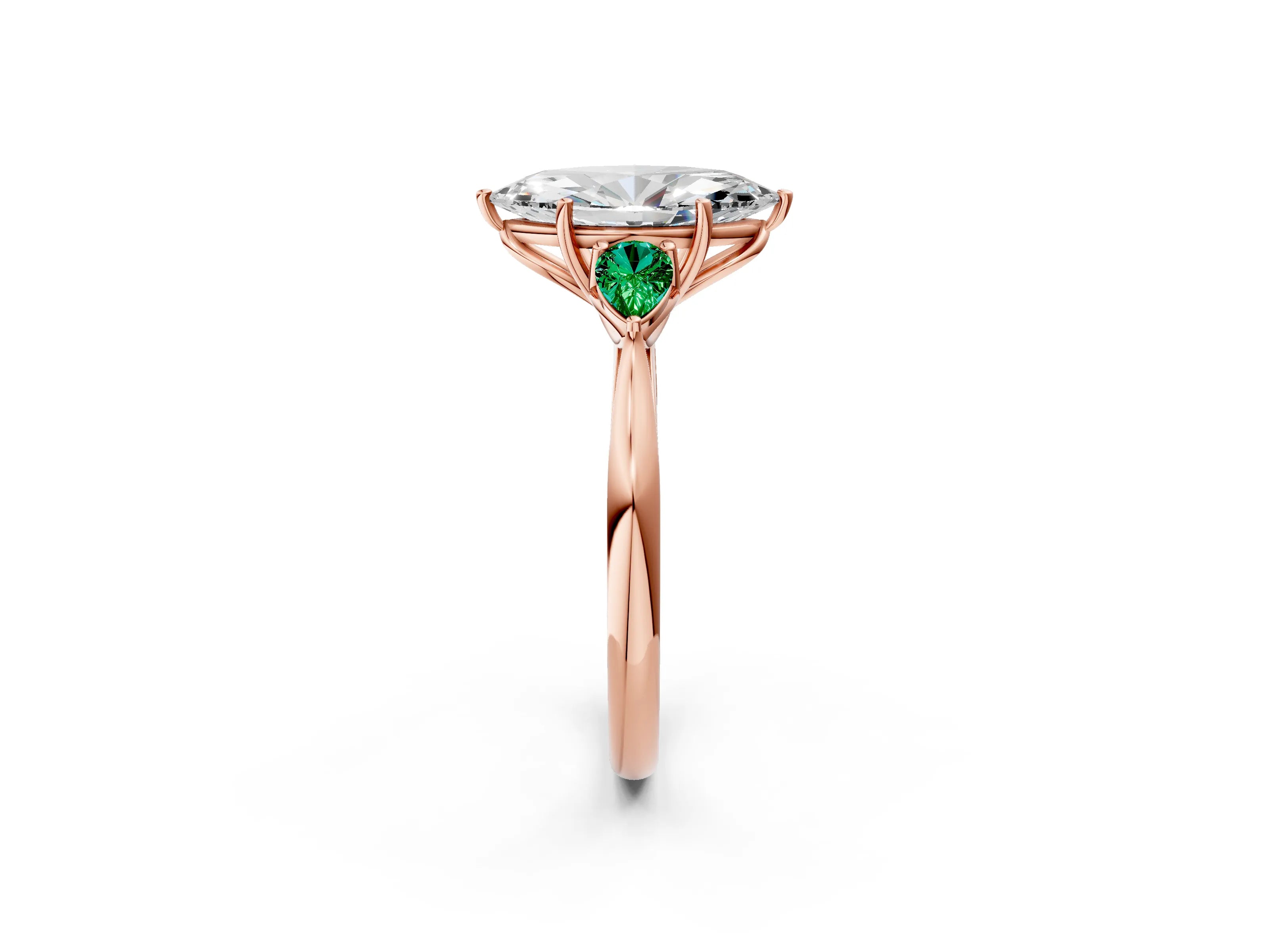 Rose gold Marquise Cut Diamond Three-Stone Ring with Pear with Emerald side stone Side Stones and Prong Setting_2