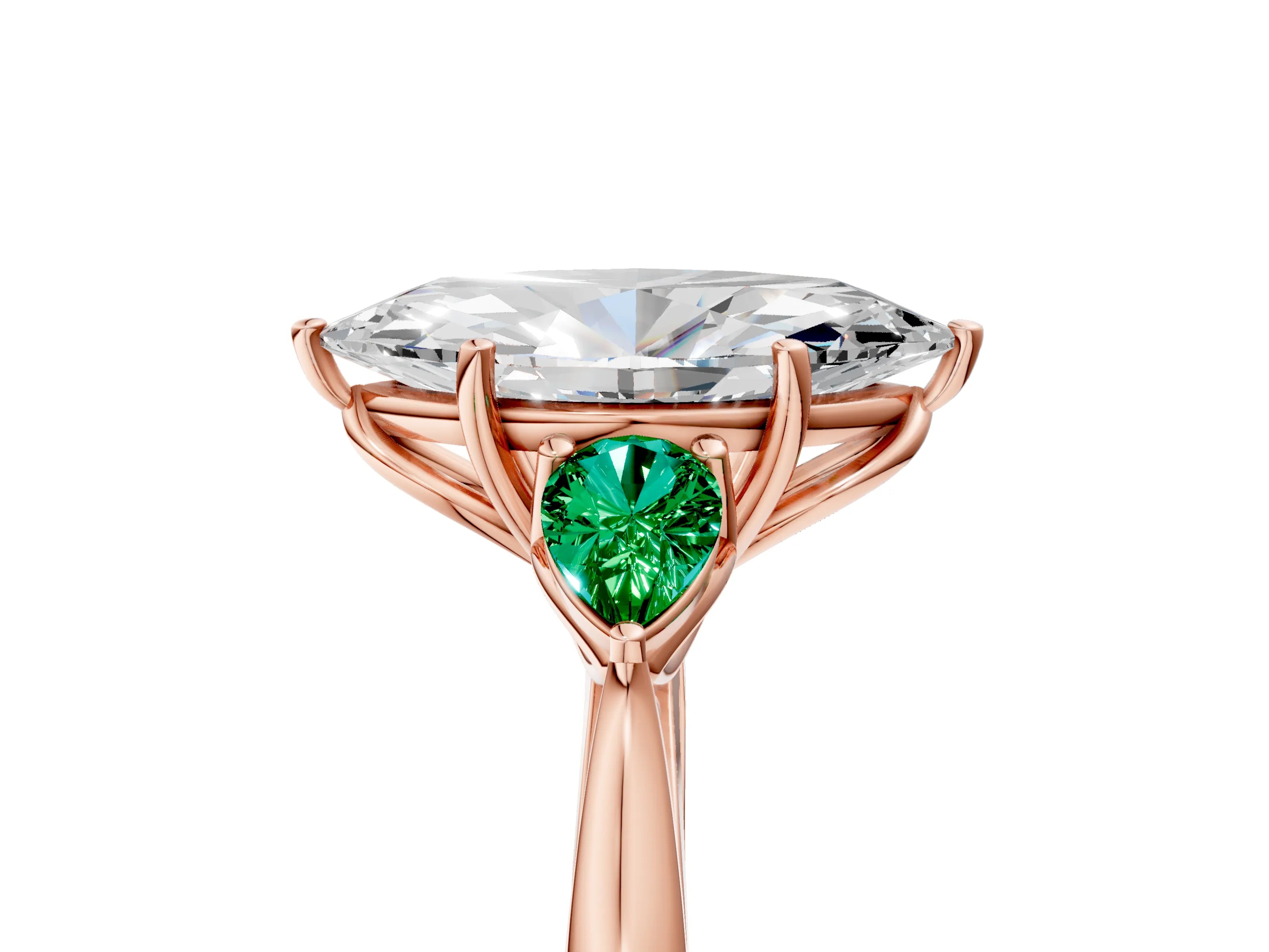 Rose gold Marquise Cut Diamond Three-Stone Ring with Pear with Emerald side stone Side Stones and Prong Setting_5
