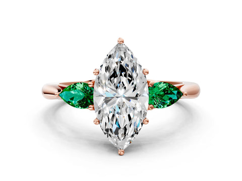 Rose gold Marquise Cut Diamond Three-Stone Ring with Pear with Emerald side stone Side Stones and Prong Setting