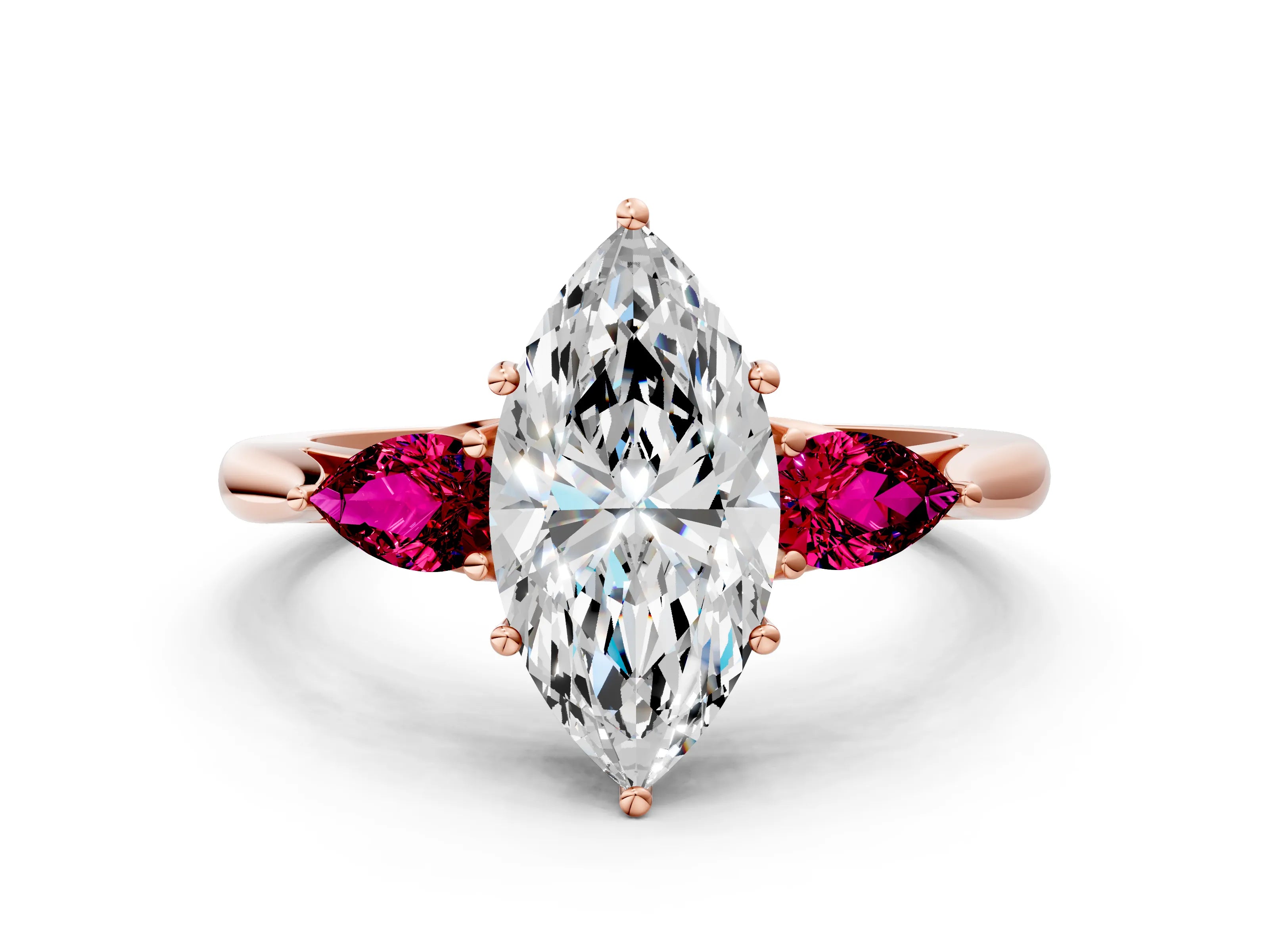 Rose gold Marquise Cut Diamond Three-Stone Ring with Pear with Garnet side stone Side Stones and Prong Setting