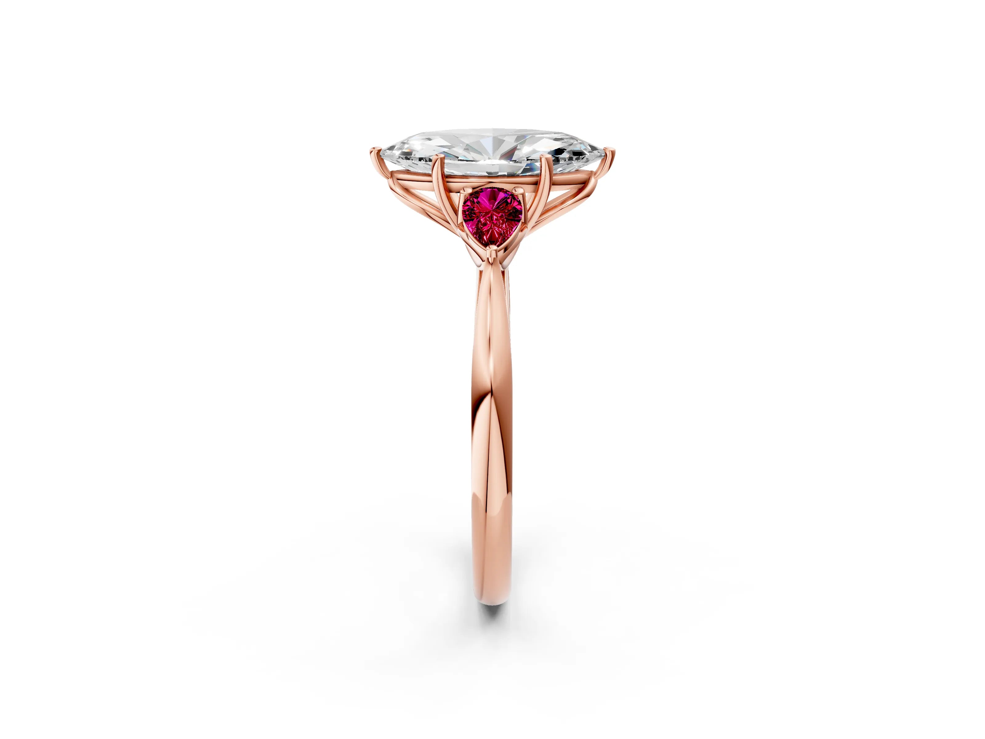 Rose gold Marquise Cut Diamond Three-Stone Ring with Pear with Garnet side stone Side Stones and Prong Setting_2