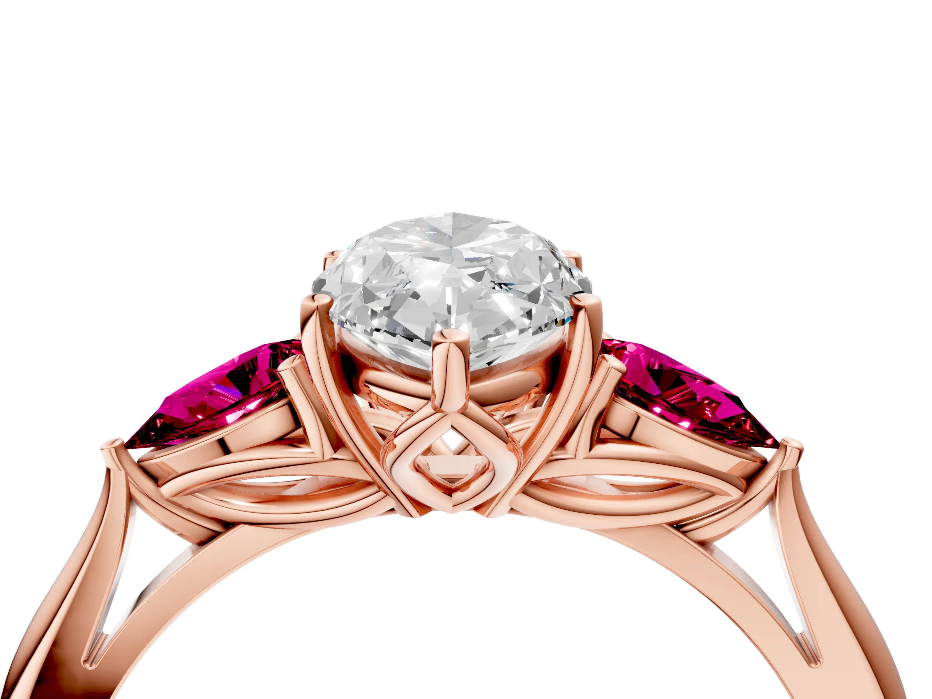 Rose gold Marquise Cut Diamond Three-Stone Ring with Pear with Garnet side stone Side Stones and Prong Setting_4