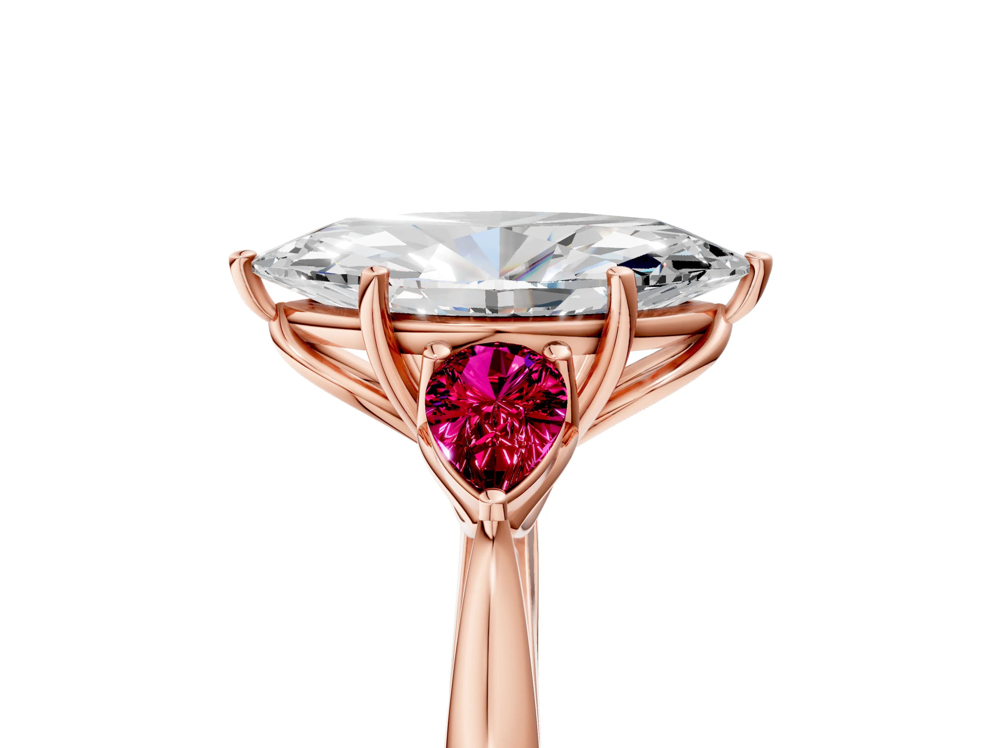 Rose gold Marquise Cut Diamond Three-Stone Ring with Pear with Garnet side stone Side Stones and Prong Setting_5