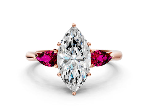 Rose gold Marquise Cut Diamond Three-Stone Ring with Pear with Garnet side stone Side Stones and Prong Setting