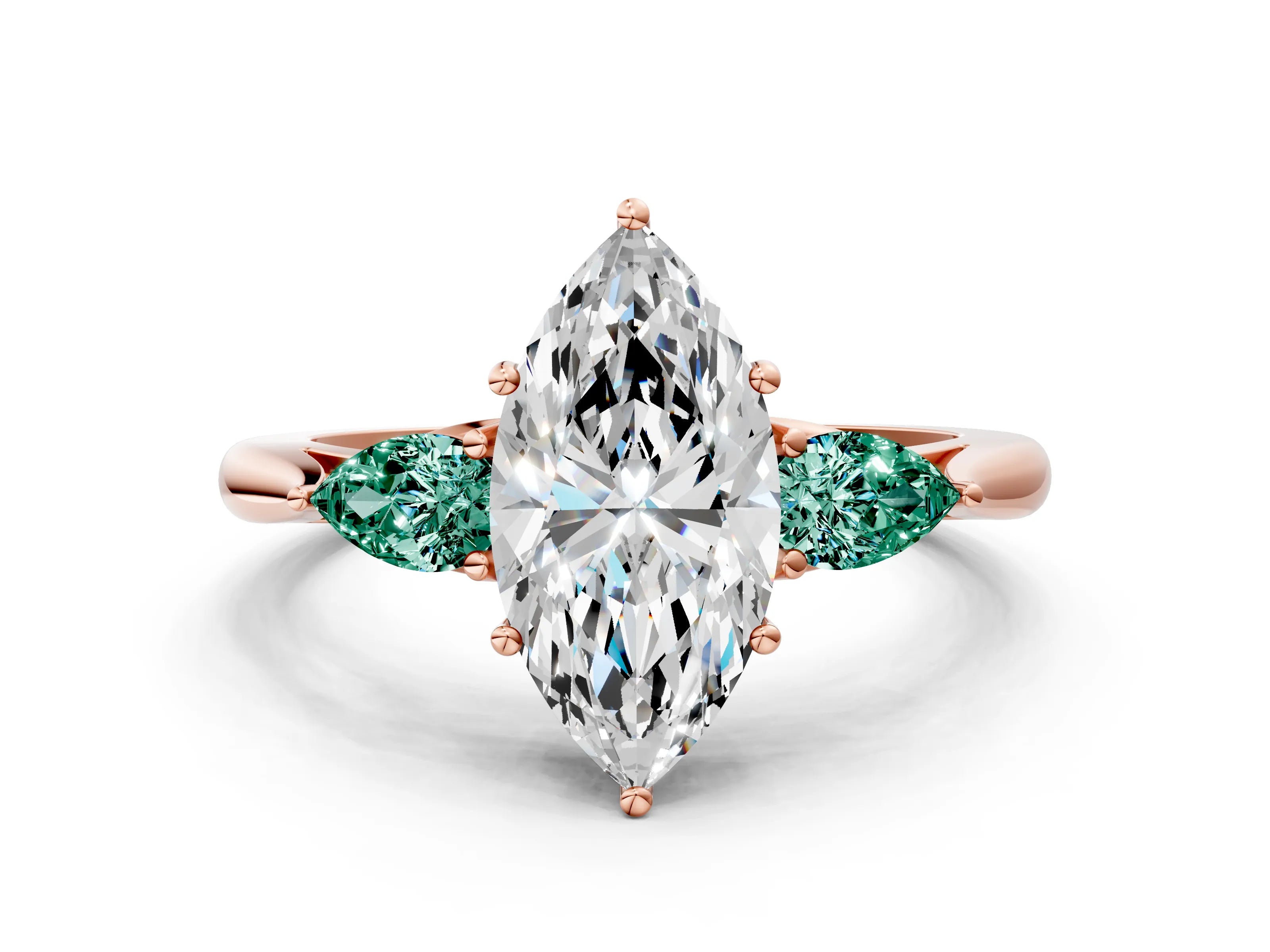 Rose gold Marquise Cut Diamond Three-Stone Ring with Pear with Green Sapphire side stone Side Stones and Prong Setting