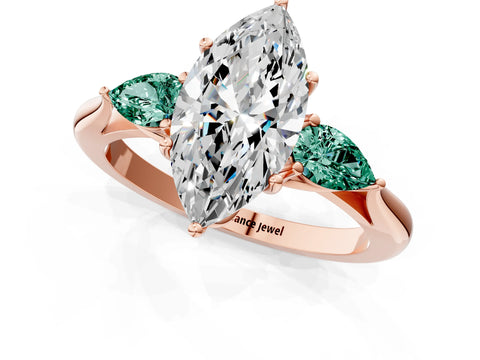 Rose gold Marquise Cut Diamond Three-Stone Ring with Pear with Green Sapphire side stone Side Stones and Prong Setting_1