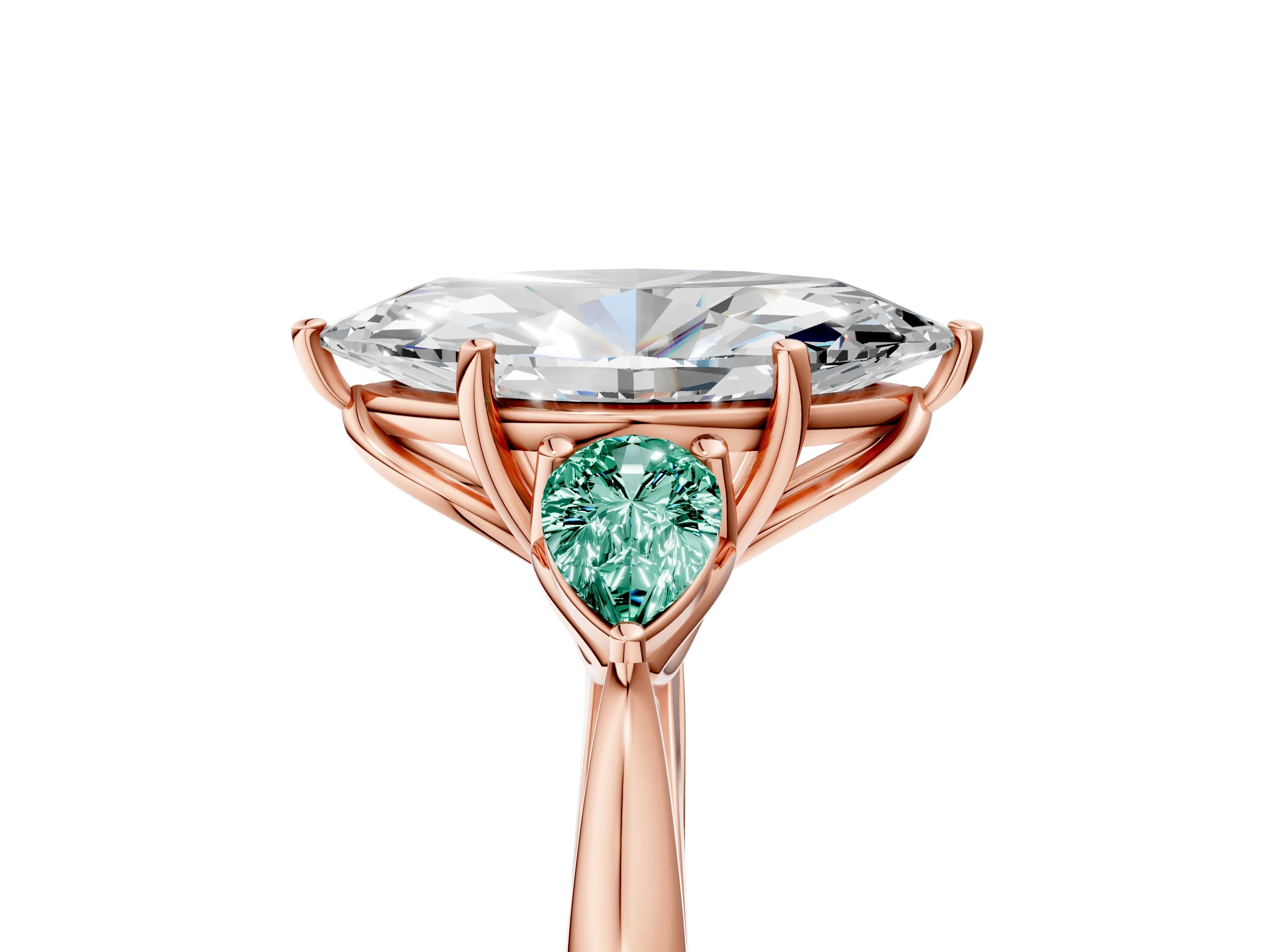 Rose gold Marquise Cut Diamond Three-Stone Ring with Pear with Green Sapphire side stone Side Stones and Prong Setting_5